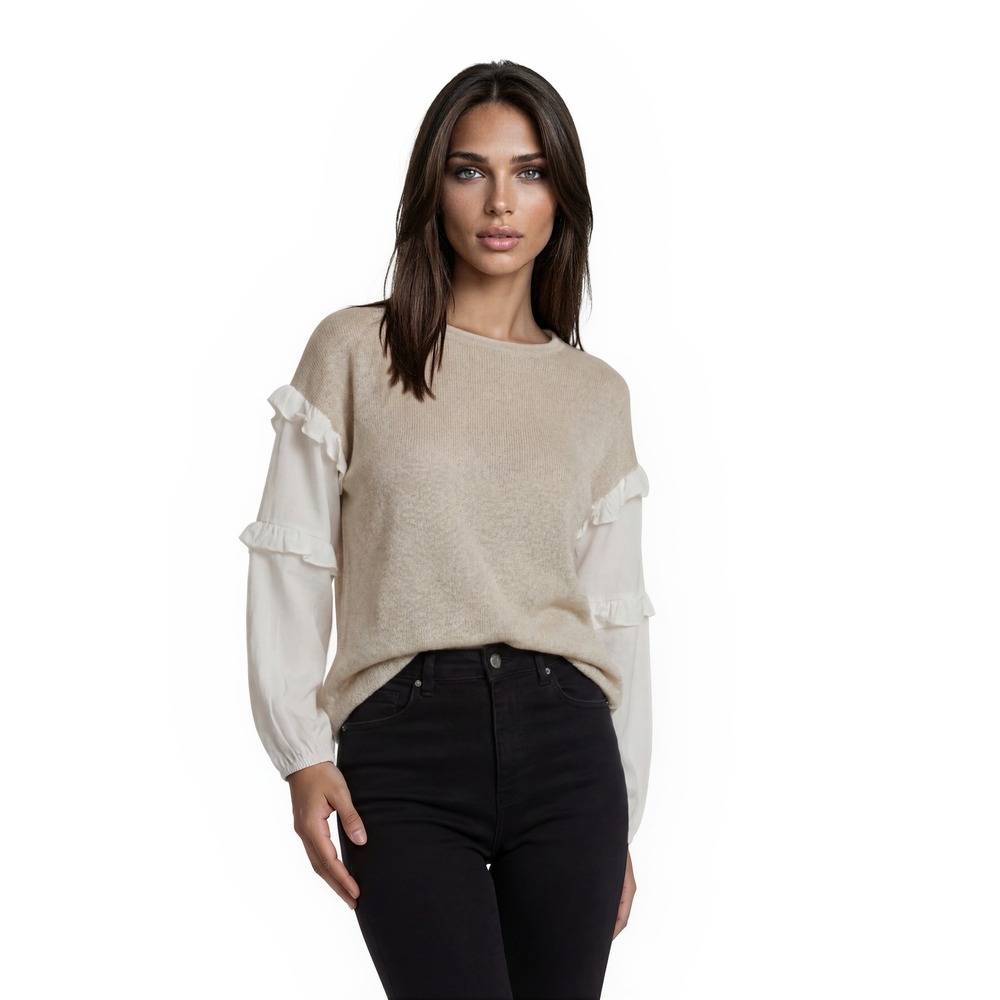 Doe & Rae Sweater Top Women's Size Medium Oatmeal Beige Ruffle Balloon Sleeve